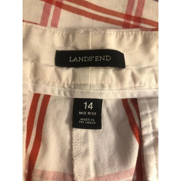Lands' END Sz 14 Women's Mid-Rise Red White Plaid Cotton Spandex Pockets Shorts - Picture 2 of 5